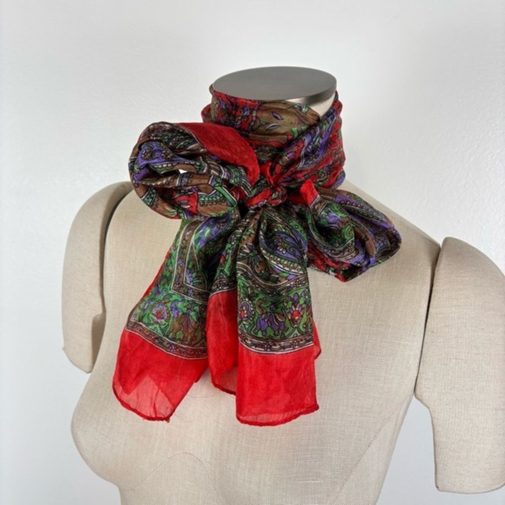 Vintage Multicolored Red Silk Made in India Elephant Print Rectangular Scarf